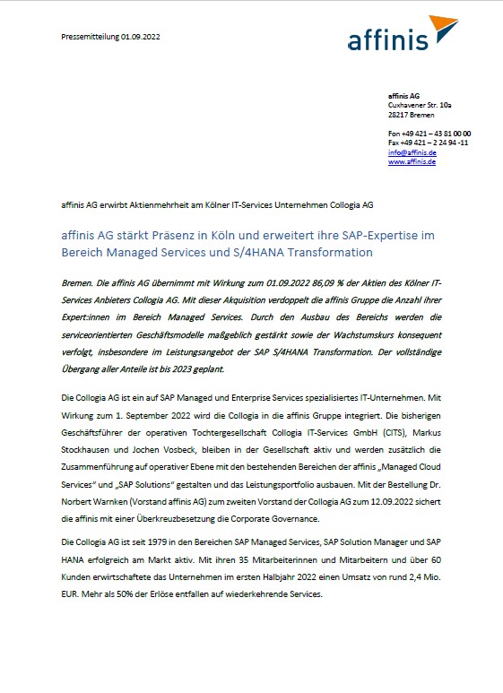 Pressemitteilung: affinis AG erwirbt Aktienmehrheit am Kölner IT-Services Unternehmen Collogia AG